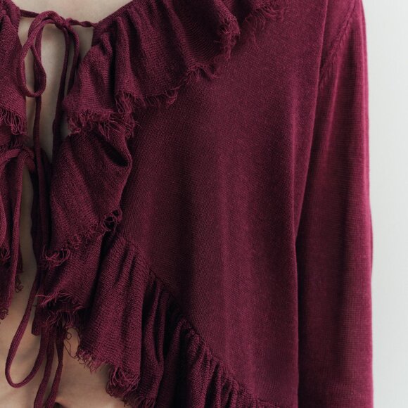 ZARA BURGUNDY KNIT CARDIGAN BLOUSE WITH RUFFLES - Picture 7 of 7